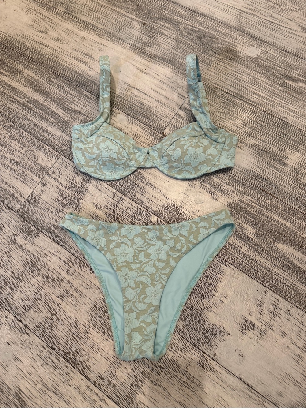 Floral Jacquard Underwire Bikini Set in Light Aqua - Women Swim